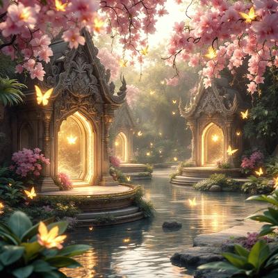 Primary subject: A beautiful garden with a pond, surrounded by flowers and butterflies.

Setting/background: The garden is set in a serene and picturesque environment, with a pond and a bridge. The garden is filled with flowers and butterflies, creating a peaceful and lively atmosphere.

Visual style: The image is a digital artwork, featuring a vibrant and colorful scene.

Colors and mood: The garden is predominantly pink, which adds